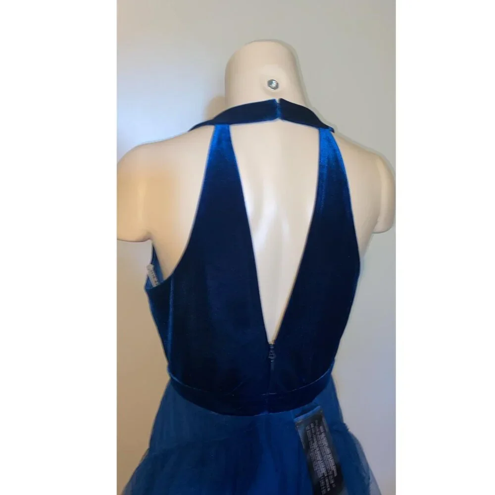 BCBGMAXAZRIA TIERED FLOOR LENGTH GOWN IN POSEIDON BLUE - Picture 4 of 8